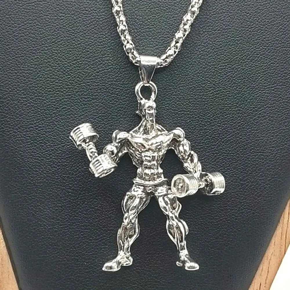 Stainless Bodybuilder Necklace Fitness Dumbbell Gym Bro Weightlifter Fashion NEW